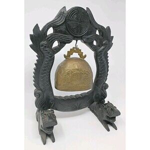 Vintage Brass Buddhist Temple Bell Gong Carved Wooden Dragons Foo Dog Stand